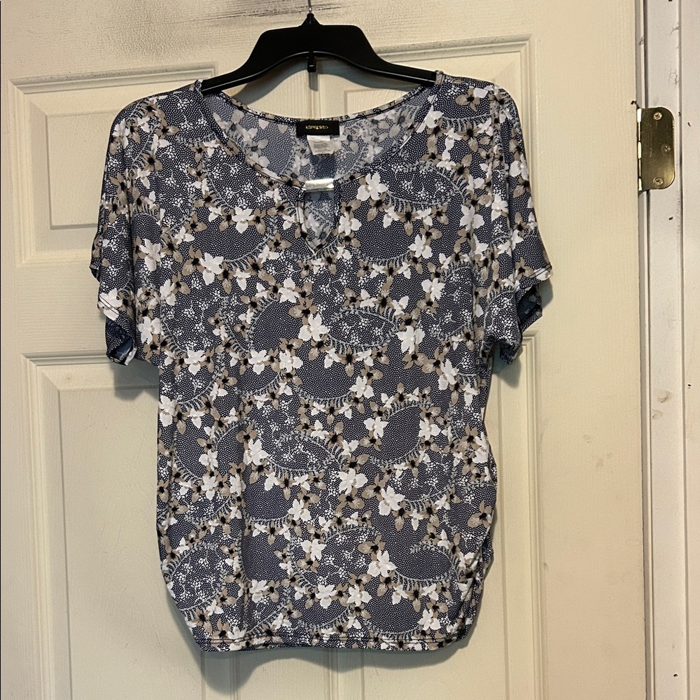 Espresso Blue Floral Keyhole Neckline Blouse Size Petite Large